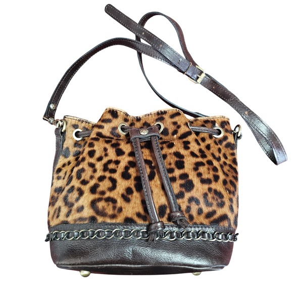 Patricia Nash Handbags - Patricia Nash Calf Hair Leather Bucket Bag Leopard Brown Crossbody Drawstring